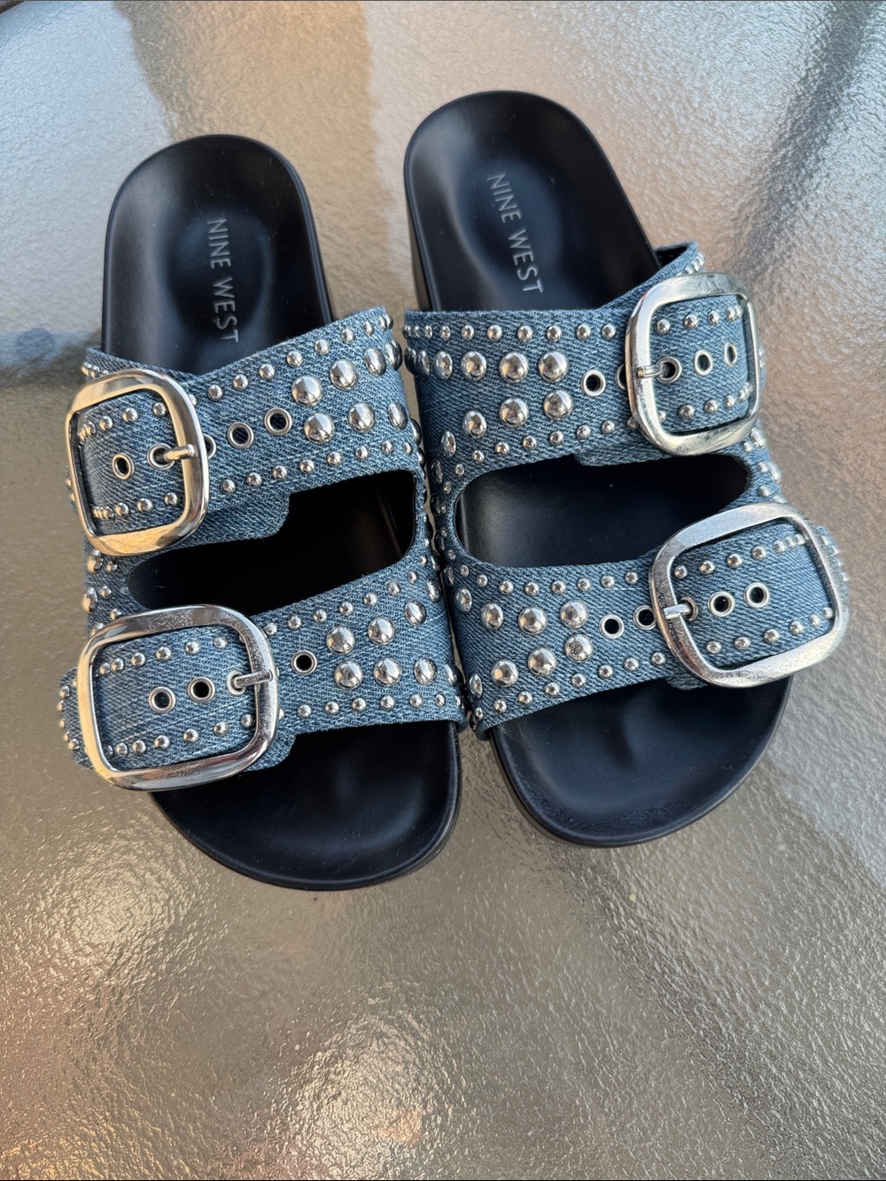 Nine West Denim Studded Double-Buckle Slide Sandals - Blue Sz 6 - Picture 2 of 6